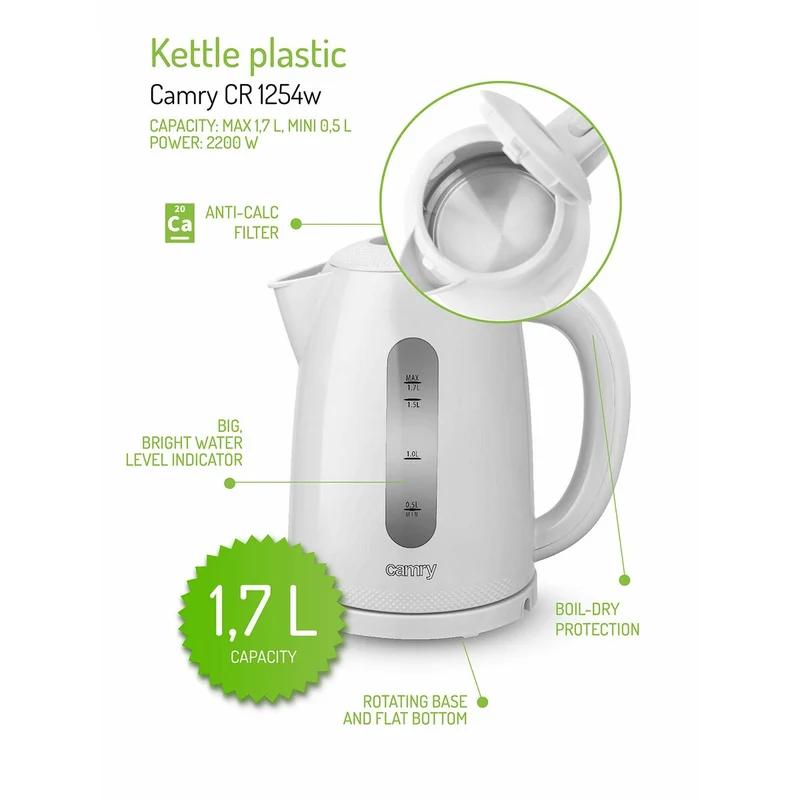 Bollitore Adler CR 1254W Plastica Bianca 2200 W 1,7 L
