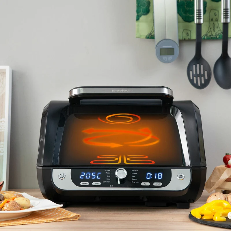 Friggitrice ad Aria con Griglia, Accessori e Ricettario InnovaGoods Fryinn 12-in-1 6000 Acciaio Nero 3400 W 6 L