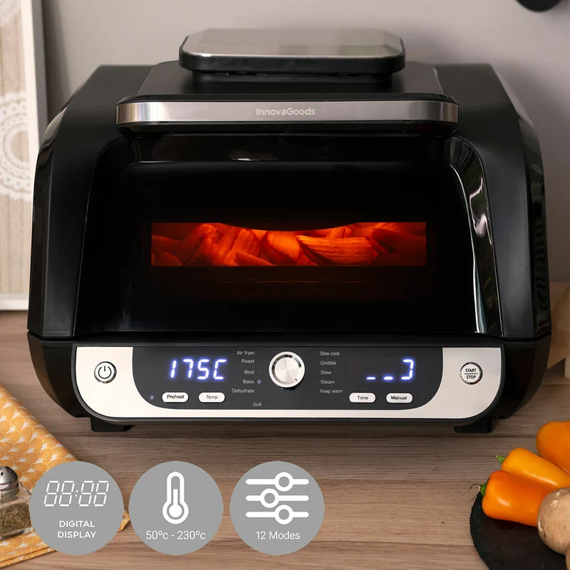 Friggitrice ad Aria con Griglia, Accessori e Ricettario InnovaGoods Fryinn 12-in-1 6000 Acciaio Nero 3400 W 6 L