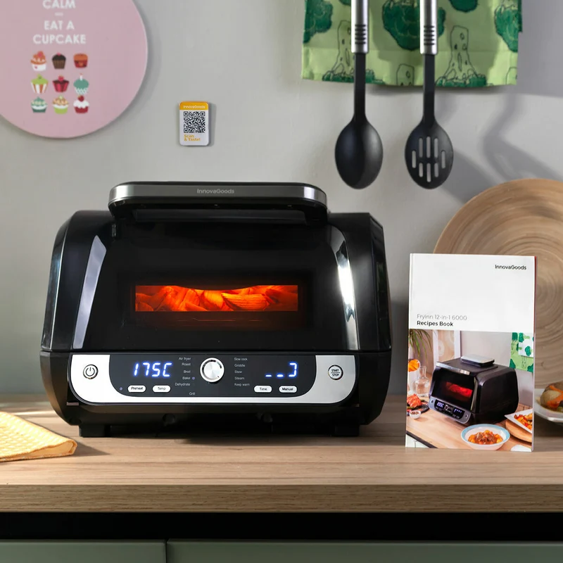 Friggitrice ad Aria con Griglia, Accessori e Ricettario InnovaGoods Fryinn 12-in-1 6000 Acciaio Nero 3400 W 6 L