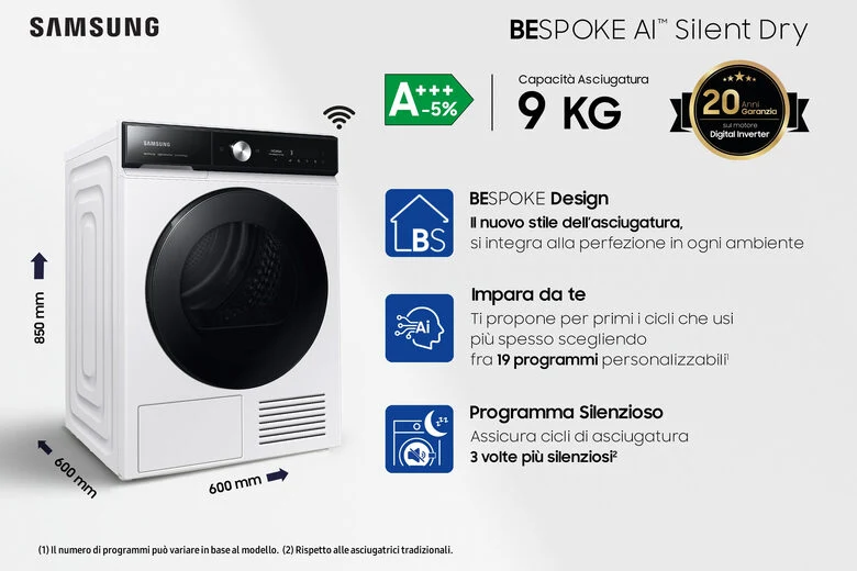 Samsung Asciugatrice DV90BB9445GE Bespoke AI SilentDry 9Kg A+++