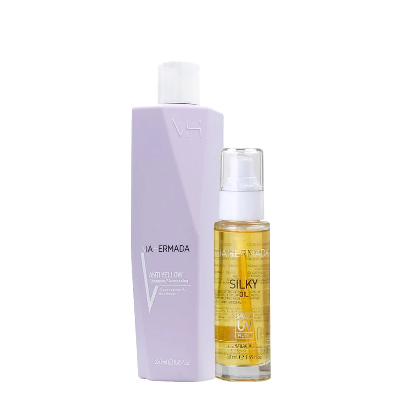 VIAHERMADA Anti-Yellow Shampoo 250ml Silky Oil 50ml + Asciugamano Mare Bianco OMAGGIO