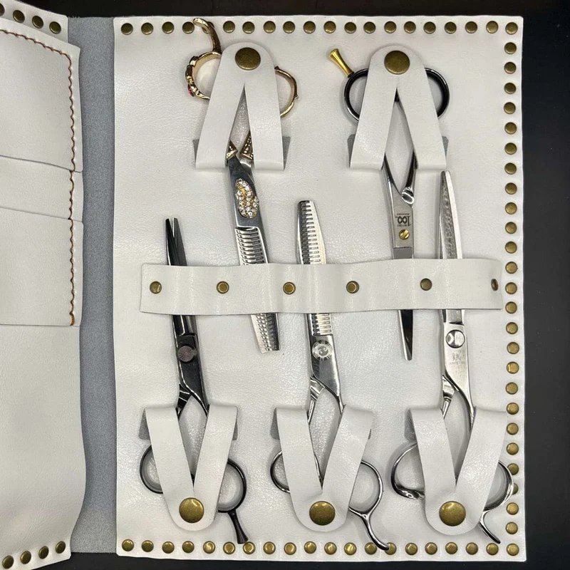 Custodia per forbici in pelle bianca di alta qualità - 5 tasche per forbici