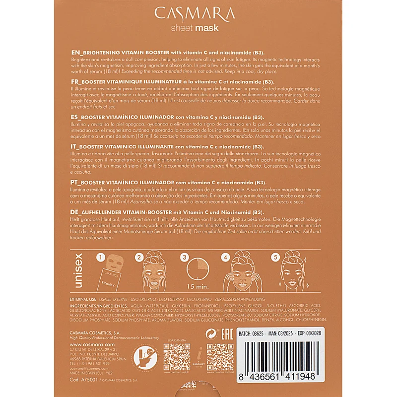 Casmara Sheet Mask Vitamin C 10pz - maschera viso in tessuto illuminante