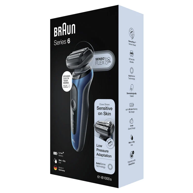 Braun Series 6 61-B1000s Rasoio Elettrico Uomo, SensoFlex, Wet&Dry, Ricaricabile, Rasoio A Lamina Senza Fili, Blu