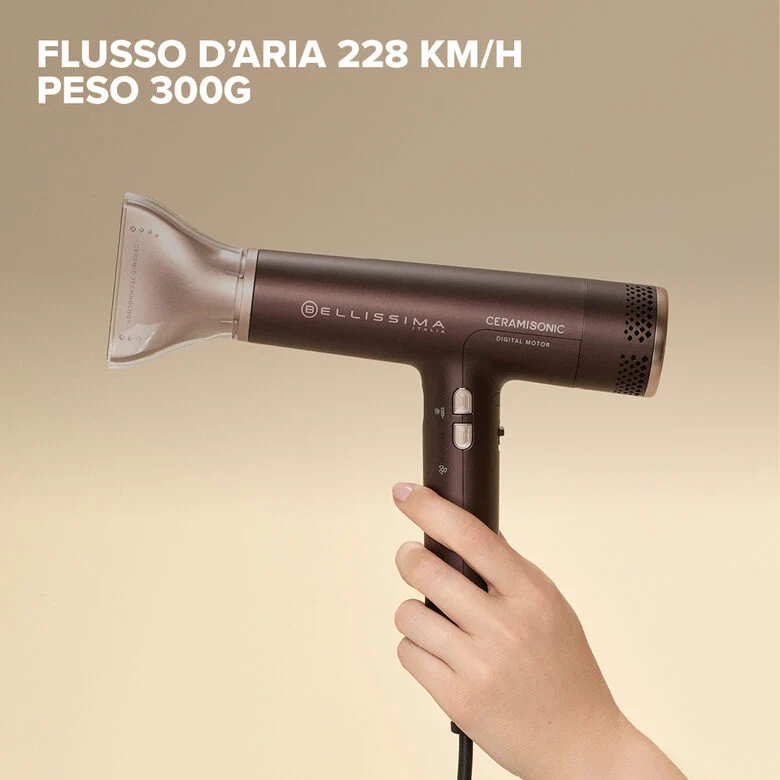 Bellissima Ceramisonic Asciugacapelli, Motore Digitale ad alta velocità, ultraleggero, con tecnologia Tecnologia Ion Ceramic Hi-Pro, ioni, 3 velocità, 3 temperature, Impostazione Gentle Dry,