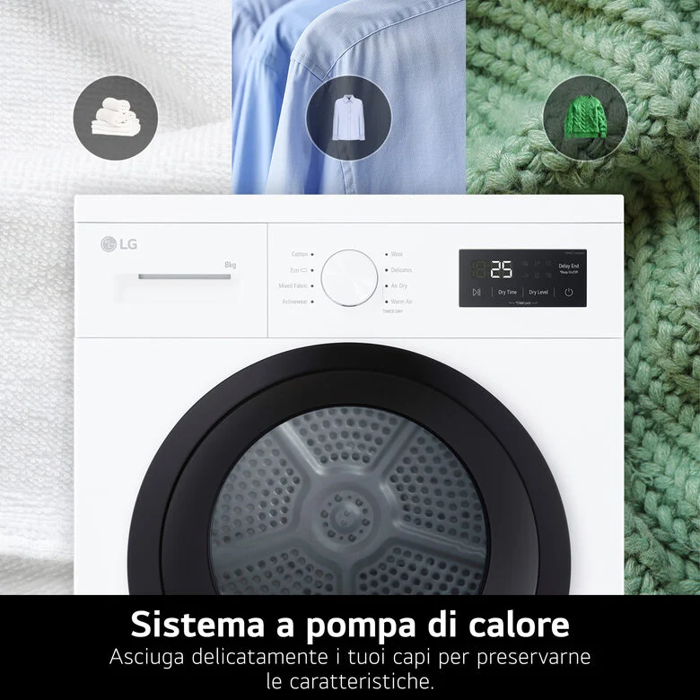 LG RNA1008NWK Asciugatrice 8kg Pompa di calore, Classe D, 8 programmi, Sensore asciugatura