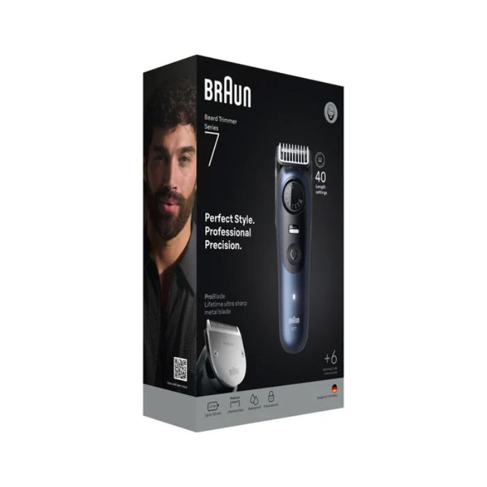 Braun BeardTrimmer 7 BT7520 Batteria Litio Bagnato e secco Nero Blu