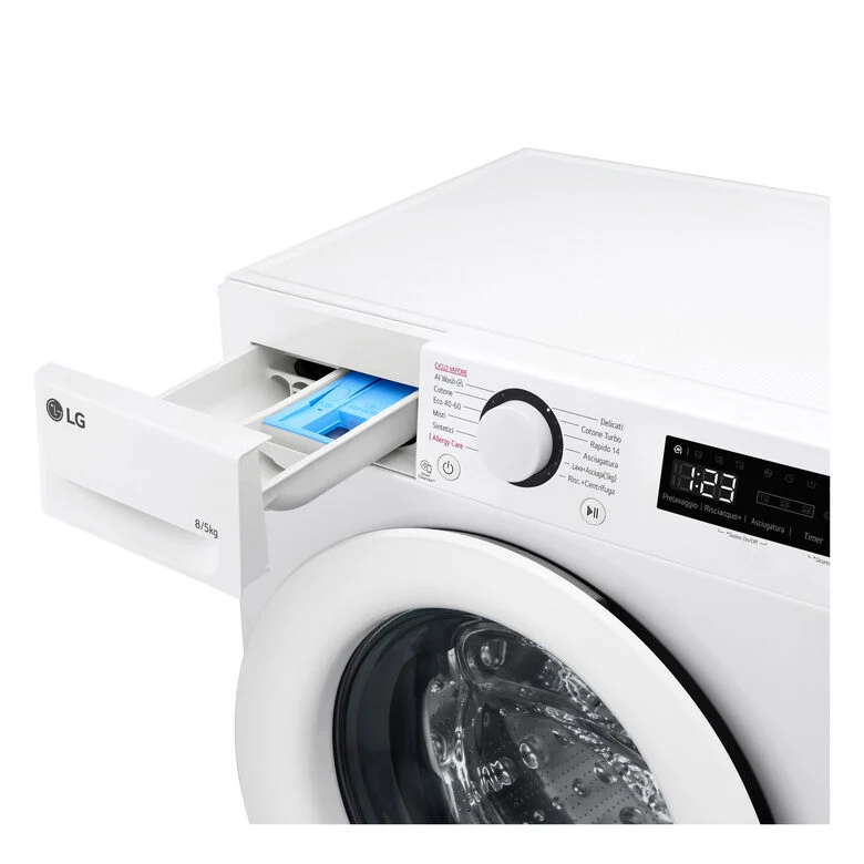 LG D2R3S08NSWW Lavasciuga slim 8/5kg AI DD, Classe E, 1200 giri, AI Wash, Vapore