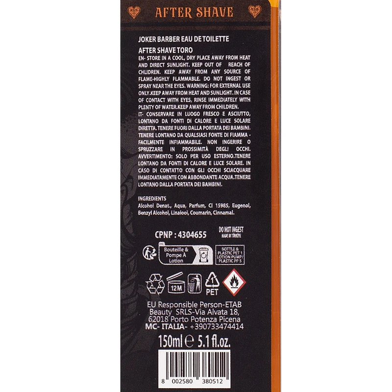 Joker Barber Eau de Toilette After Shave Toro 150ml - dopobarba profumato