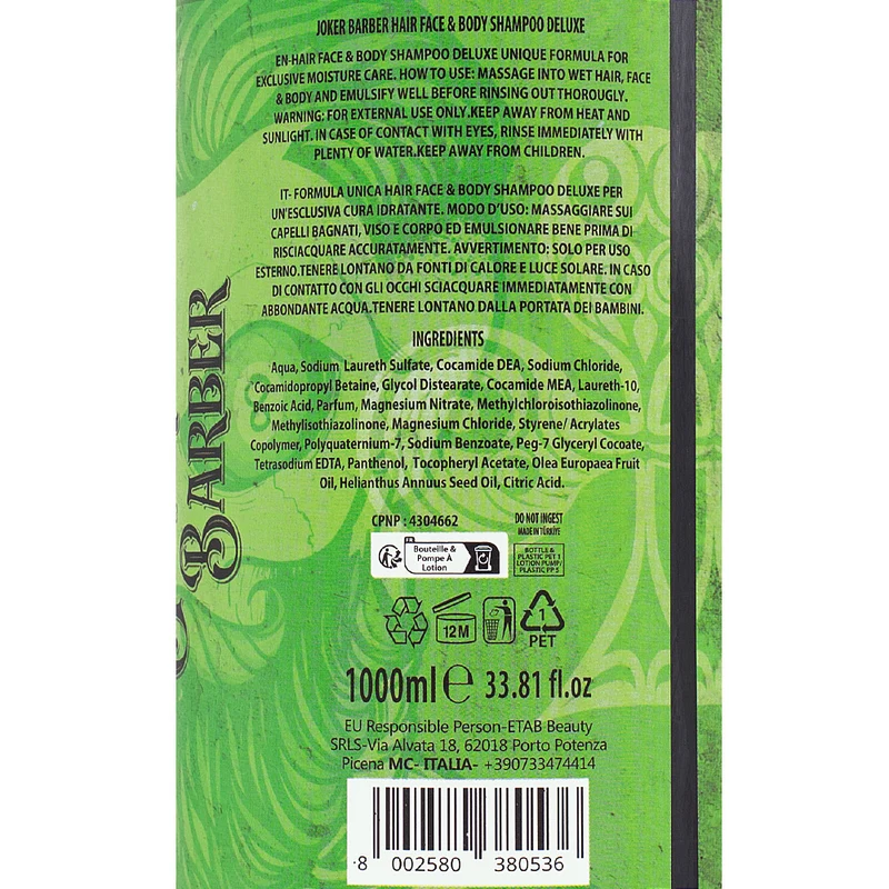 Joker Barber Hair Face & Body Shampoo Deluxe 1000ml - shampoo 3 in 1