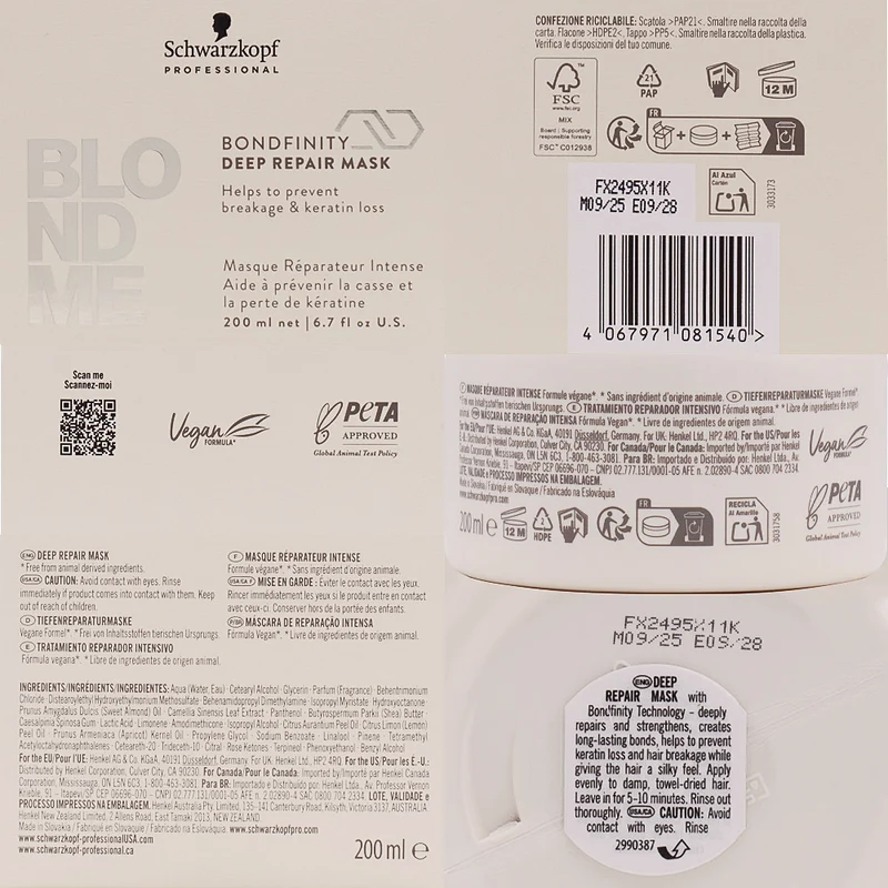 Schwarzkopf BlondMe Bondfinity Deep Repair Mask 200ml - maschera nutriente riparatrice