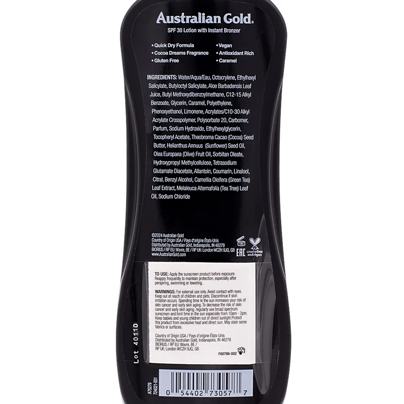 Australian Gold Spf30 Instant Bronzer Lotion Sunscreen 237ml - protezione solare con autoabbronzante