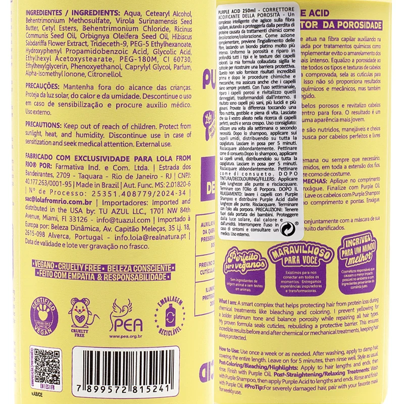 Lola From Rio Purple Acid Corrector De Porosidade 250ml - trattamento ristrutturante capelli biondi