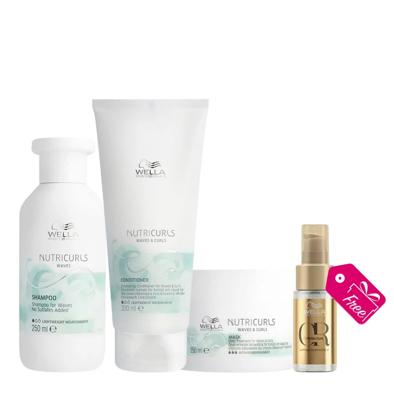 Wella Nutricurls Shampoo For Waves 250ml Conditioner 200ml Mask 150ml + Oil Reflections Luminous Oil 30ml OMAGGIO