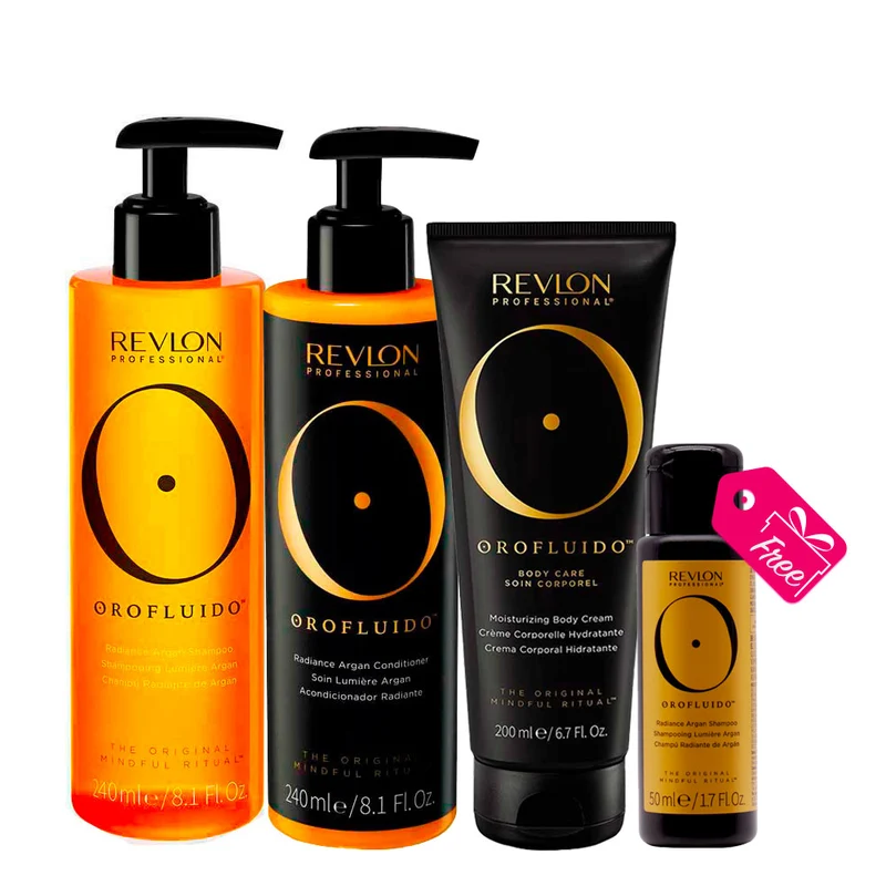 Revlon Orofluido Radiance Argan Shampoo 240ml Conditioner 240ml Body Cream 200ml + Argan Shampoo 50ml OMAGGIO