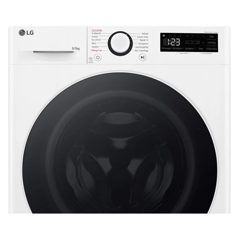 LG D2R5S09TSWW Serie R5 Lavasciuga Slim A Libera Installazione 9/5 Kg, 1200 Giri, AI Dd, AI Wash, TurboWash 360, Vapore, Allergy Care, Classe E, Bianco