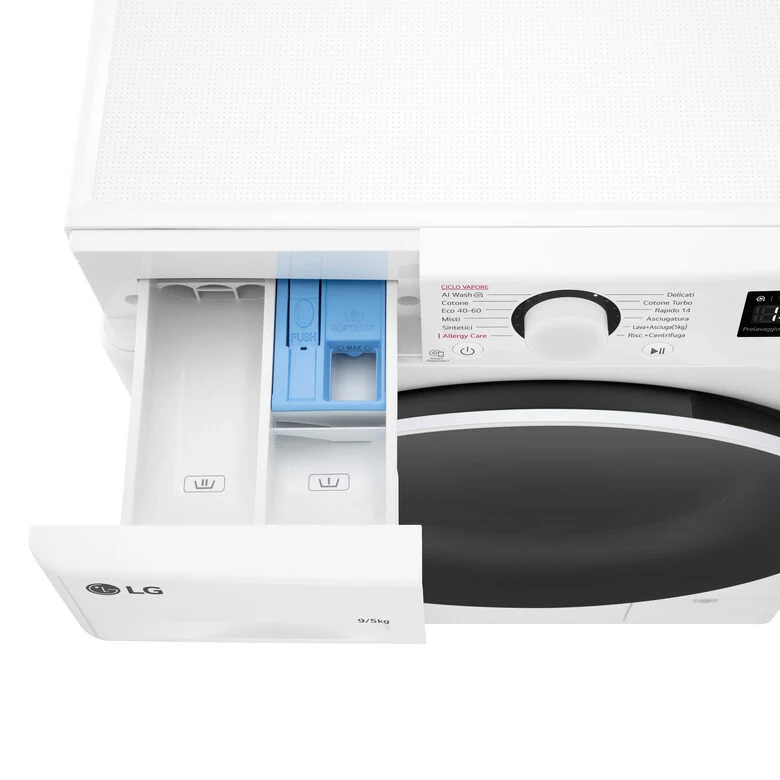 LG D2R5S09TSWW Serie R5 Lavasciuga Slim A Libera Installazione 9/5 Kg, 1200 Giri, AI Dd, AI Wash, TurboWash 360, Vapore, Allergy Care, Classe E, Bianco