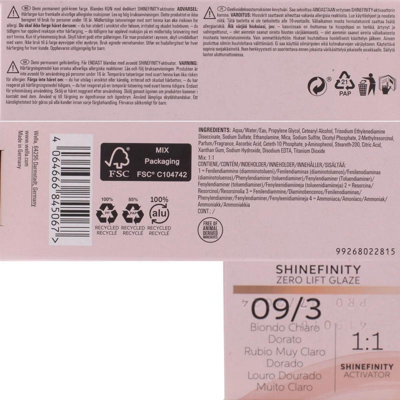 Wella Shinefinity 09/3 Biondo Chiaro Dorato 60ml - colore demi-permanente
