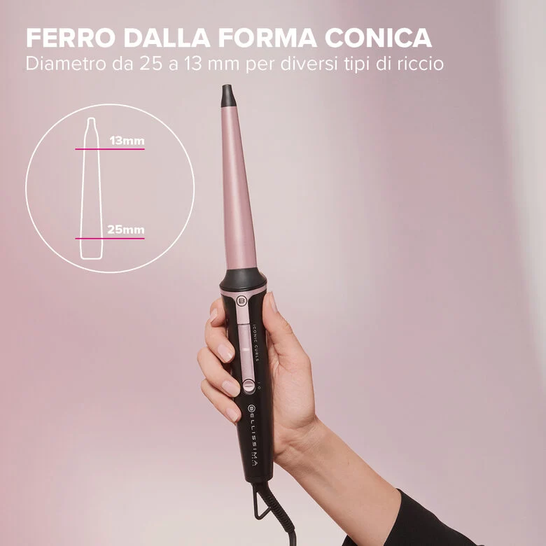Bellissima Imetec Iconic Curls, ferro arricciacapelli, rivestimento in ceramica, forma conica per ricci stretti e morbidi, temperatura 150°C/210°C, cono 13/25 mm, guanto termico, adatto a tu