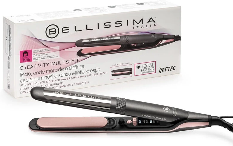 Bellissima Imetec Creativity Multistyle, Piastra per capelli Lisci o Mossi, Rivestimento ceramica, Particelle Diamante, Cheratina, Piastre Flessibili e Calde Anche Esternamente, 5 temperatur