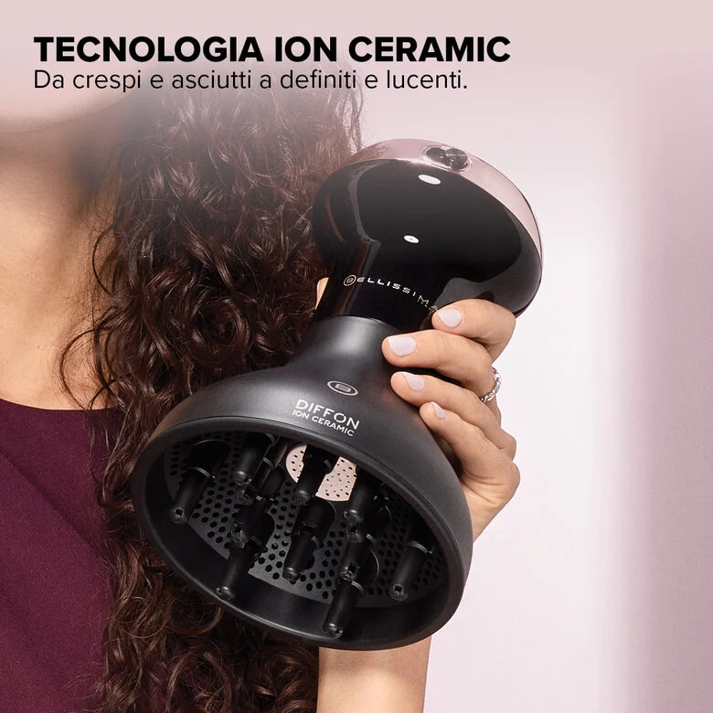 Bellissima Imetec Diffon Ion Ceramic, Diffusore ad Aria Calda per Capelli Ricci, Tecnologia Ion Ceramic, Doppio voltaggio, 700 W, 2 Combinazioni Aria/Temperatura, Asciugatura Delicata Senza