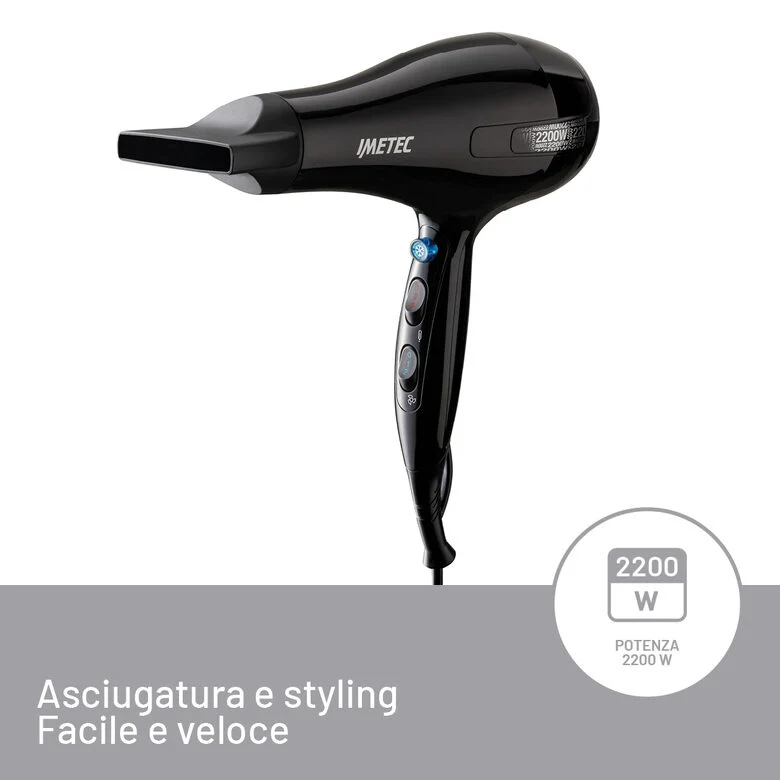 Imetec Asciugacapelli S6 2000, 2200W, 2 velocità, 3 temperature, Colpo Aria Fredda, Convogliatore Stretto
