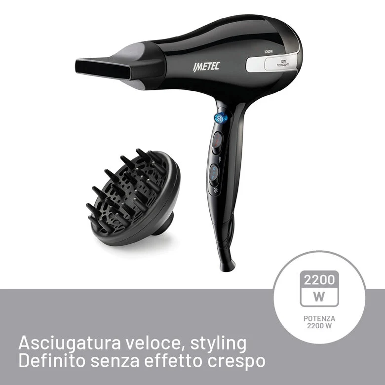 Imetec Asciugacapelli K7 2000, 2200W, Tecnoloiga a ioni, 2 velocità, 3 temperature, Colpo Aria Fredda, Convogliatore Stretto, Diffusore Professionale