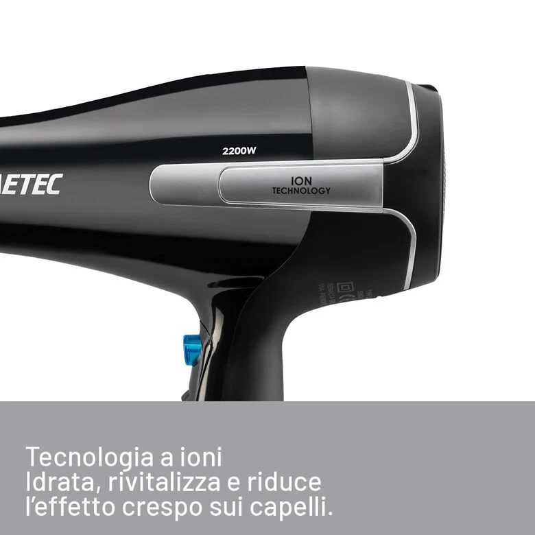 Imetec Asciugacapelli K7 2000, 2200W, Tecnoloiga a ioni, 2 velocità, 3 temperature, Colpo Aria Fredda, Convogliatore Stretto, Diffusore Professionale