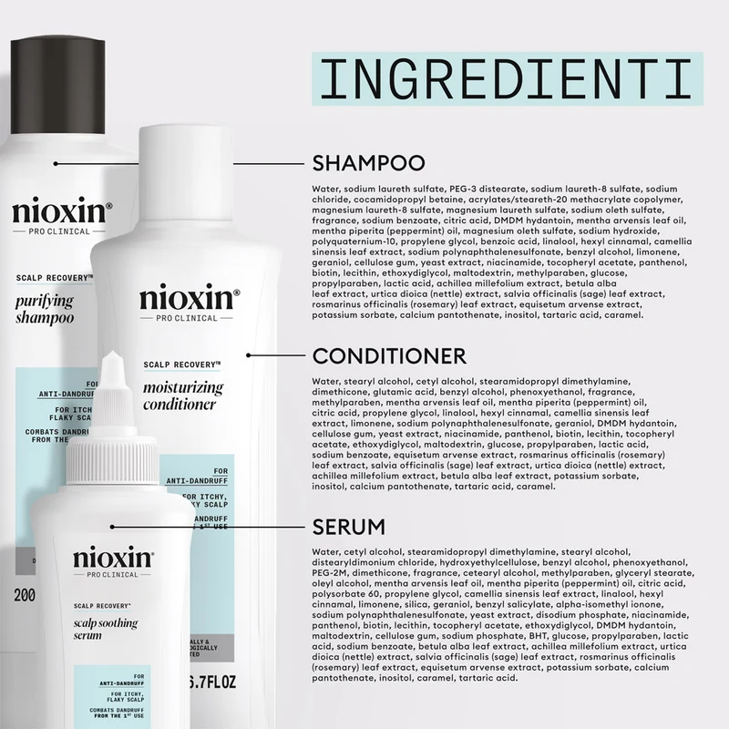 Nioxin Scalp Recovery Kit Trifasico Shampoo 200ml Conditioner 200ml Serum 100ml - kit antiforfora