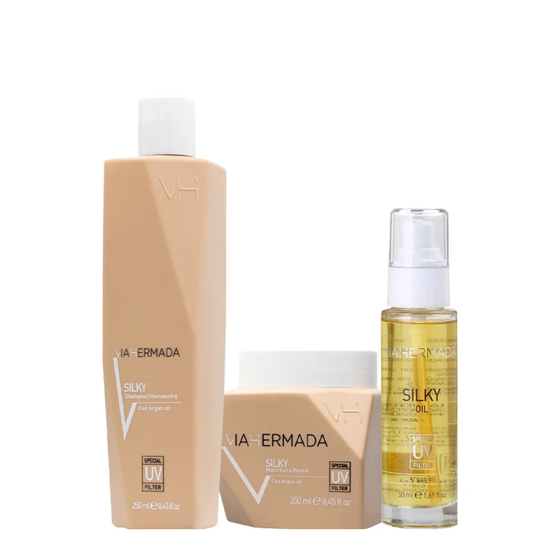 VIAHERMADA Silky Shampoo 250ml Mask 250ml Silky Oil 50ml + Asciugamano da mare bianco OMAGGIO