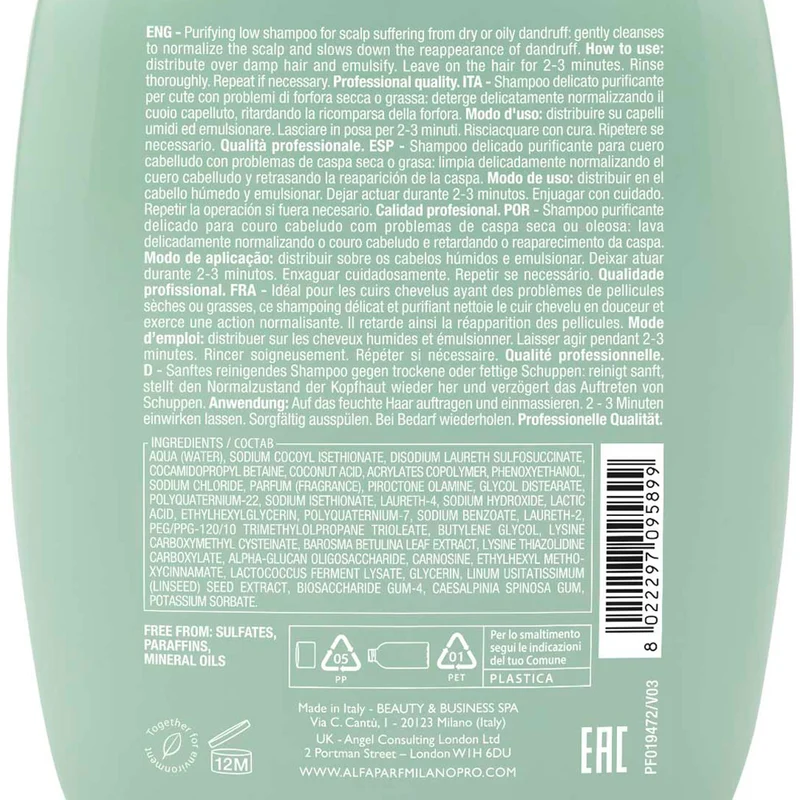 Alfaparf Milano Semi Di Lino Scalp Rebalance Purifying Low Shampoo 250ml - shampoo delicato purificante