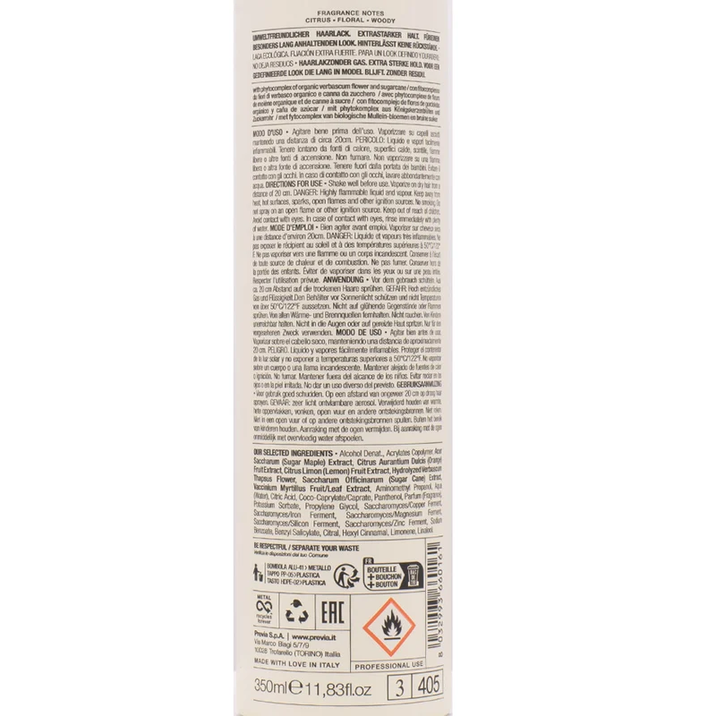 Previa Finish Organic Hydrolized Verbascum Thapsus Flower No Gas Hairspray 350ml - lacca tenuta forte