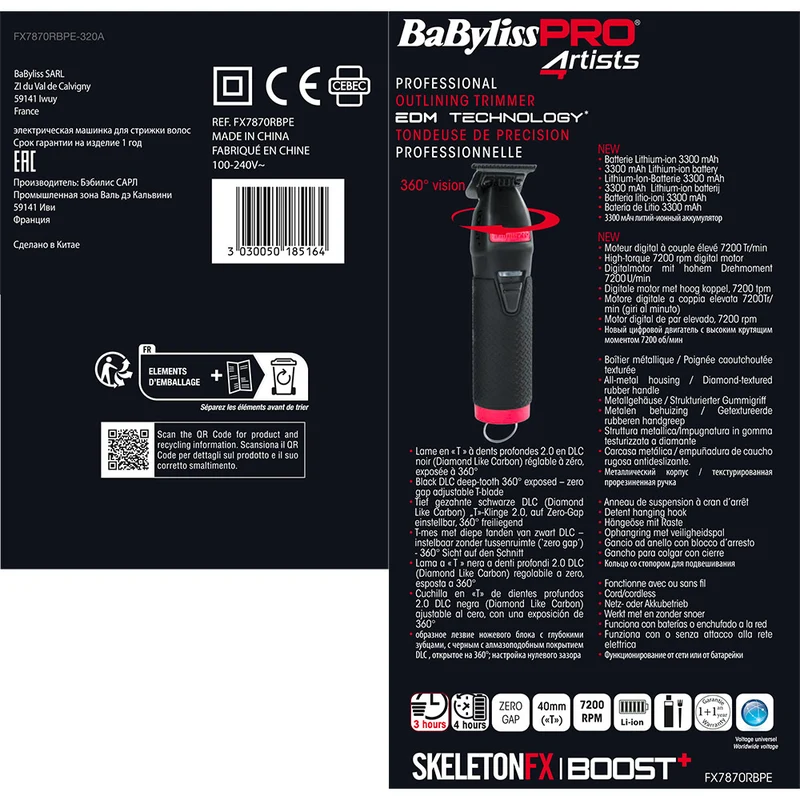 Babyliss Pro 4Artist Boost+ Trimmer Matte Black & Red FX7870RBPE - regolabarba professionale