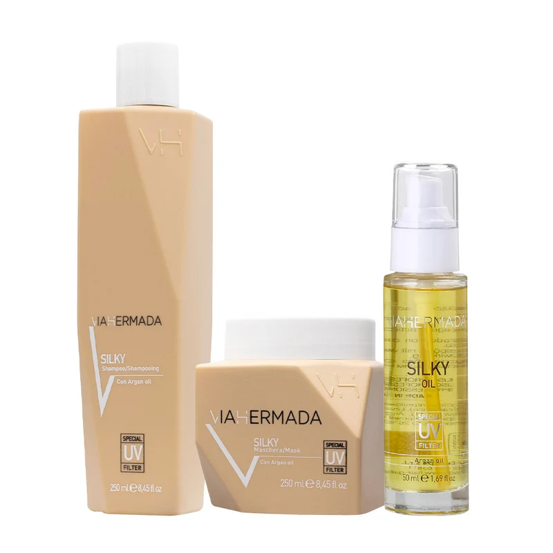 VIAHERMADA Silky Shampoo 250ml Mask 250ml Silky Oil 50ml + Asciugamano da mare giallo OMAGGIO