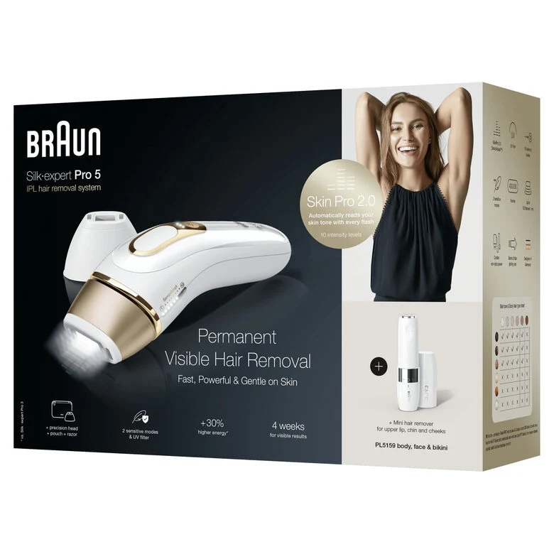 Braun Silk-expert Pro Silk expert Pro 5 PL5159, Epilatore A Luce Pulsata Donna, Per La Rimozione Permanente Dei Peli Visibili A Casa Tua, Bianco/Oro