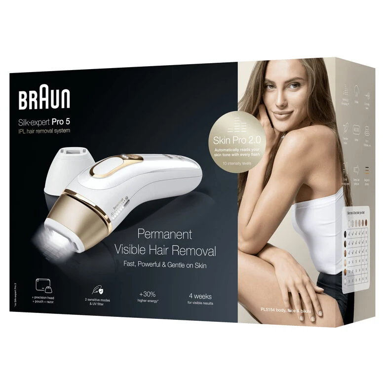 Braun Silk-expert Pro Silk expert Pro 5 PL5154 Epilatore A Luce Pulsata Donna, Per La Rimozione Permanente Dei Peli Visibili A Casa Tua, Bianco/Oro