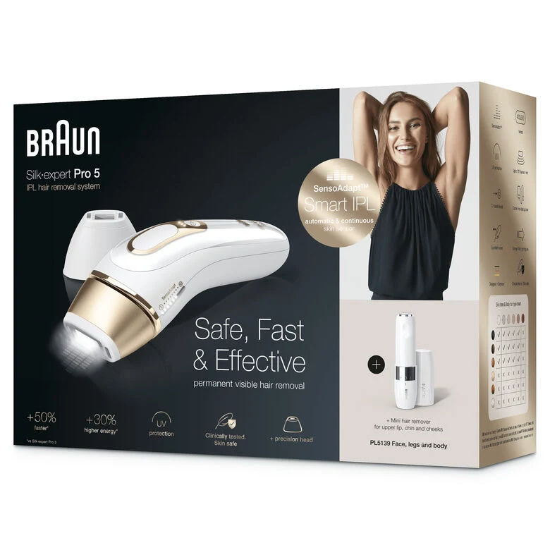 Braun Silk-expert Pro Pro 5 PL5139 Silk expert, Epilatore Luce Pulsata IPL, Sistema di Epilazione Permanente dei Peli Visibili per Donna, Bianco/Oro