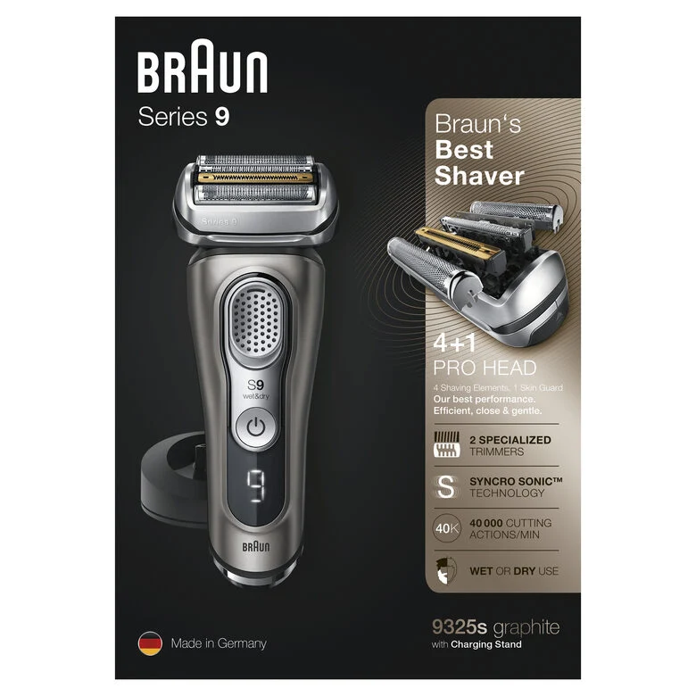 Braun Series 9 9325s Rasoio Barba Elettrico Di Ultima Generazione, Base Di Ricarica, Custodia In Tessuto, Grafite