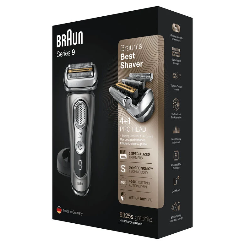 Braun Series 9 9325s Rasoio Barba Elettrico Di Ultima Generazione, Base Di Ricarica, Custodia In Tessuto, Grafite
