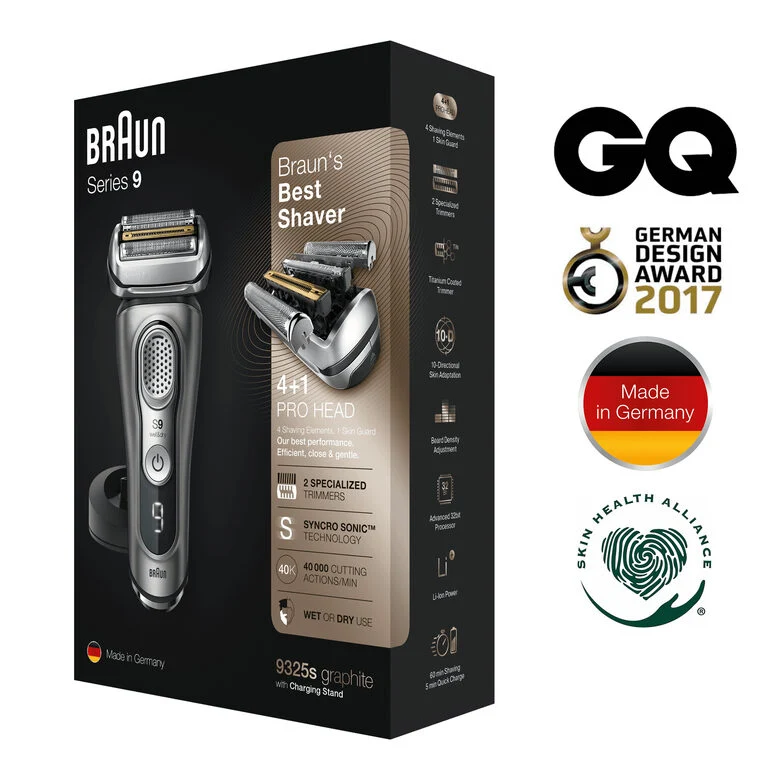 Braun Series 9 9325s Rasoio Barba Elettrico Di Ultima Generazione, Base Di Ricarica, Custodia In Tessuto, Grafite