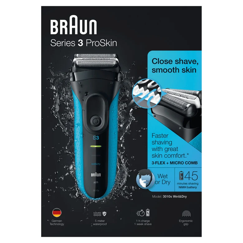 Braun Series 3 ProSkin 3010s Rasoio Elettrico, Nero/Blu