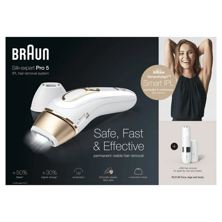 Braun Silk-expert Pro 5 PL5129 Silk expert Pro , Epilatore Luce Pulsata IPL, Sistema di Epilazione Permanente dei Peli Visibili per Donna, Bianco/Oro