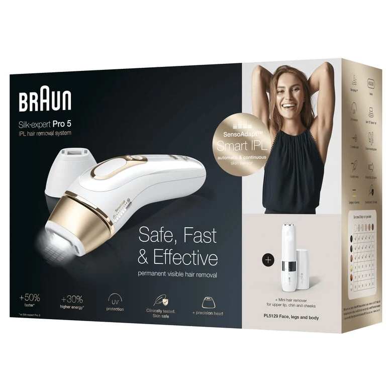 Braun Silk-expert Pro 5 PL5129 Silk expert Pro , Epilatore Luce Pulsata IPL, Sistema di Epilazione Permanente dei Peli Visibili per Donna, Bianco/Oro