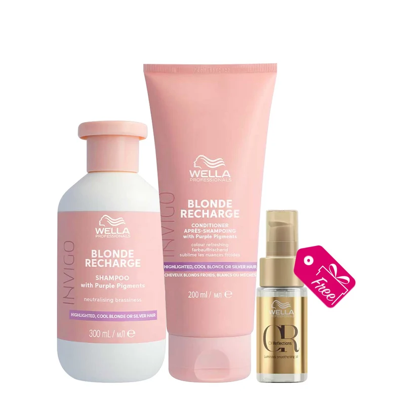 Wella Invigo Blonde Recharge Cool Neutralizing Shampoo 300ml Conditioner 200ml + Reflections Luminous Oil 30ml OMAGGIO
