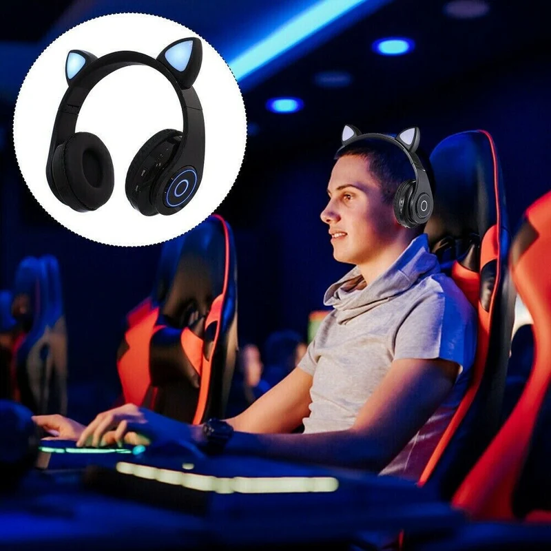 Cuffie stereo bluetooth 5.0 senza filo con orecchie di gatto led colorati