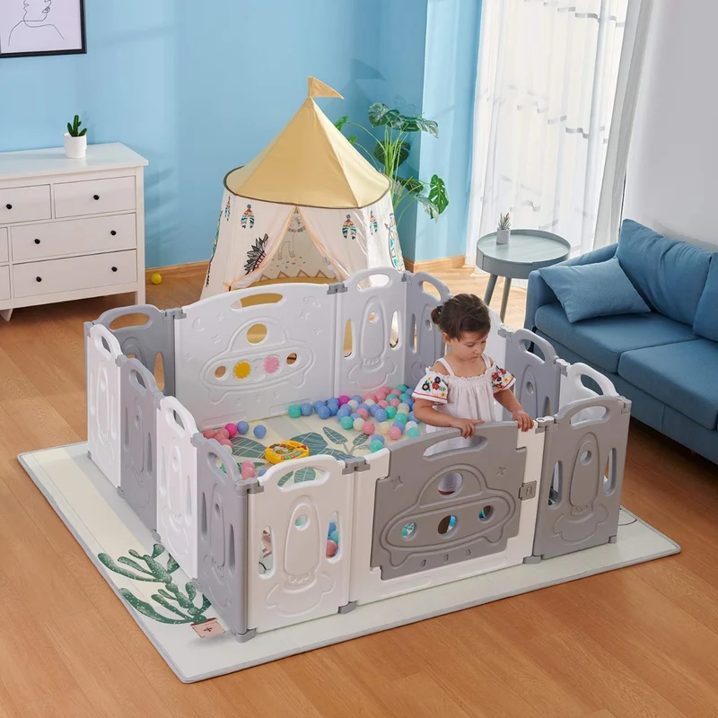 Box per bambini giochi protezione indoor outdoor con 14 pannelli Grigio e Bianco