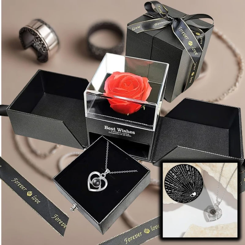 Cofanetto Portagioielli Scatolina Elegante con Rosa Eterna, Gioiello a Scelta, Collana Bracciale o Anello, San valentino, Anniversario Regalo unico