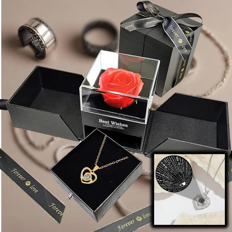 Cofanetto Portagioielli Scatolina Elegante con Rosa Eterna, Gioiello a Scelta, Collana Bracciale o Anello, San valentino, Anniversario Regalo unico