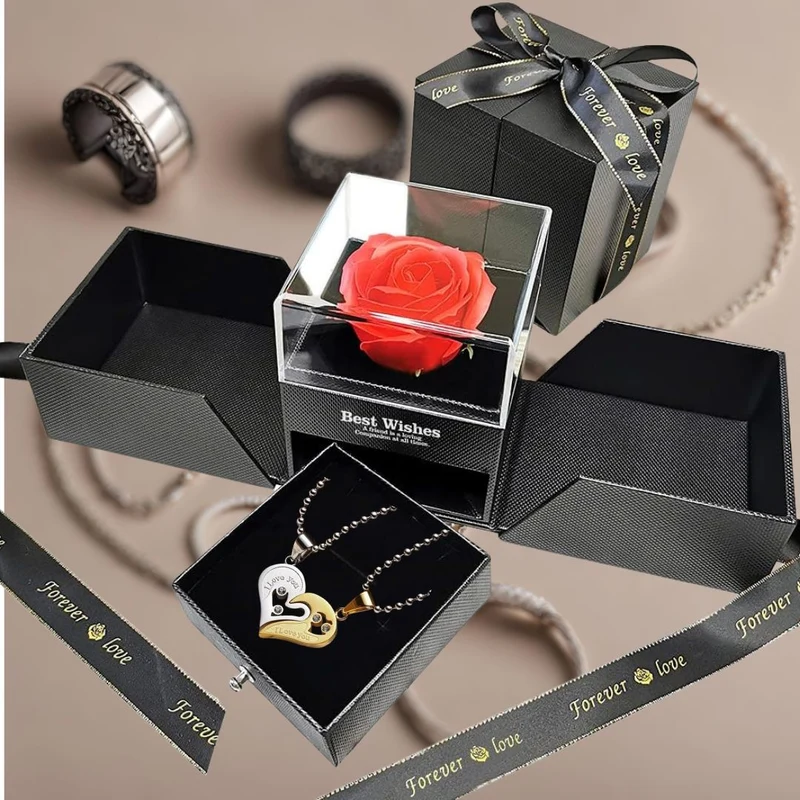 Cofanetto Portagioielli Scatolina Elegante con Rosa Eterna, Gioiello a Scelta, Collana Bracciale o Anello, San valentino, Anniversario Regalo unico